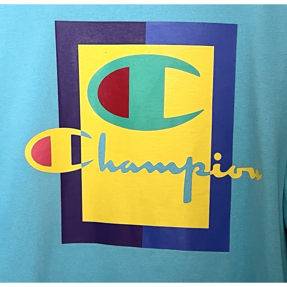 Champion Graphic T-Shirt Men's‎ Medium Blue Colorblock 90s Streetwear - Picture 2 of 4